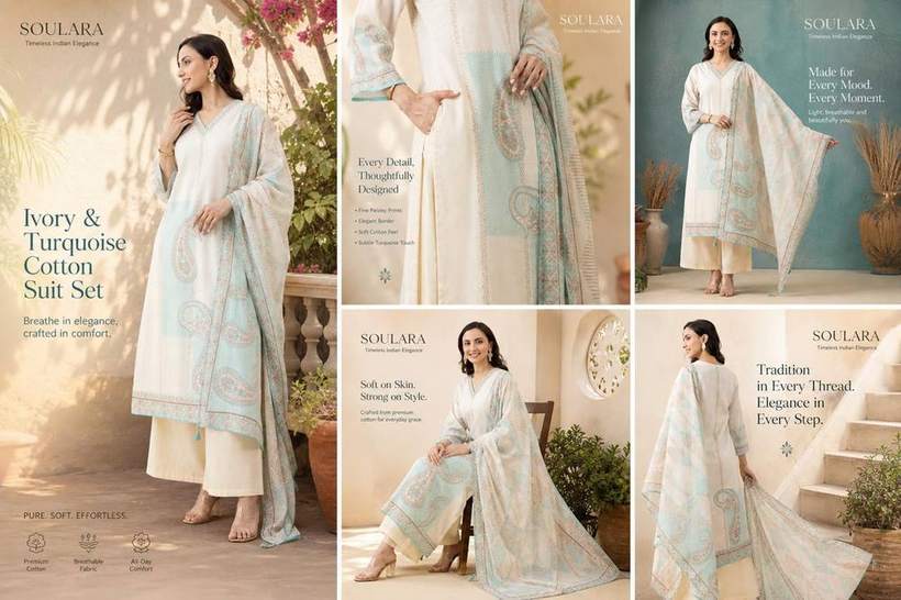 Fashion brand — Soulara cotton suit set, campaign collage
